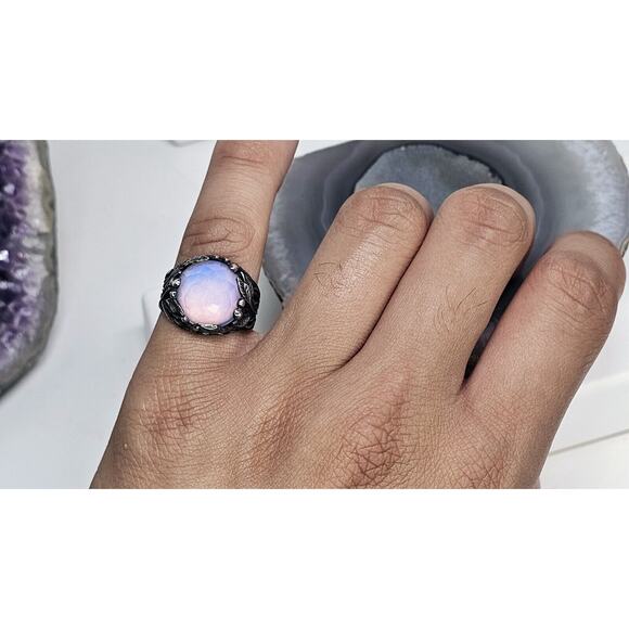 925 Sterling Silver Round Iridescent Stone & Leaf Design Ring SZ 8 - Picture 7 of 11